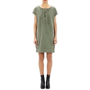 Nili Lotan Lace Up Slub Twill Dress Olive Green L Linen Cotton Coastal Beach